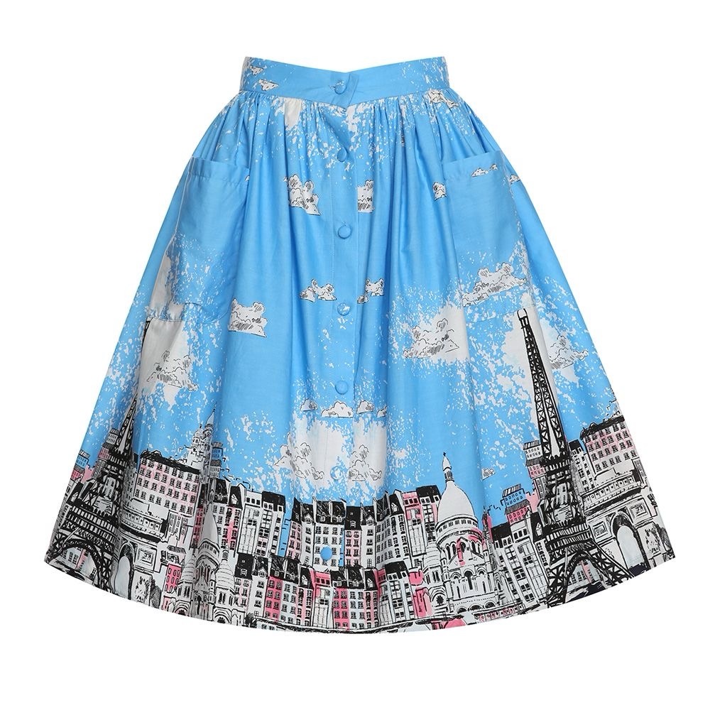 Lindy Bop Blue Paris Border Skirt